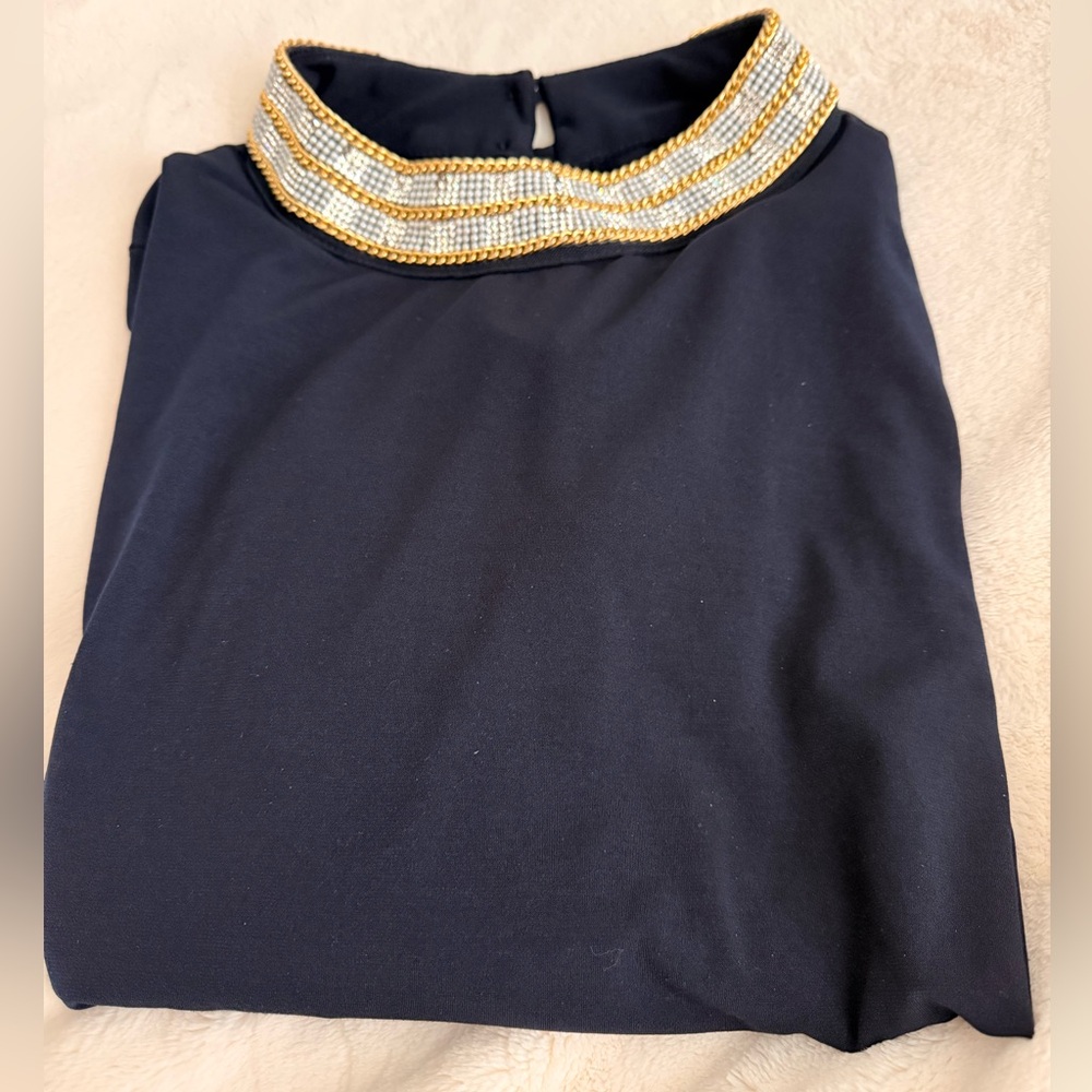 Elegant Navy Top with Beaded Collar